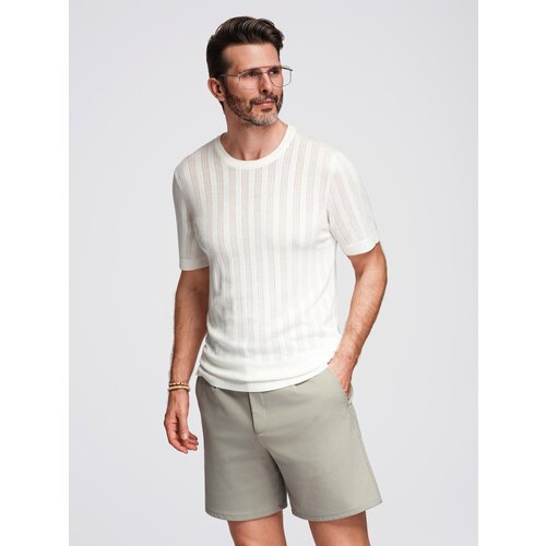 Ombre Men&amp;#039;s openwork sweater with round neckline and short sleeves - white Slike