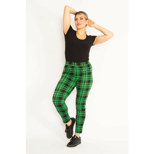 Şans Women's Plus Size Green Checkered Leggings With Zippered Ornamental Pockets Slike