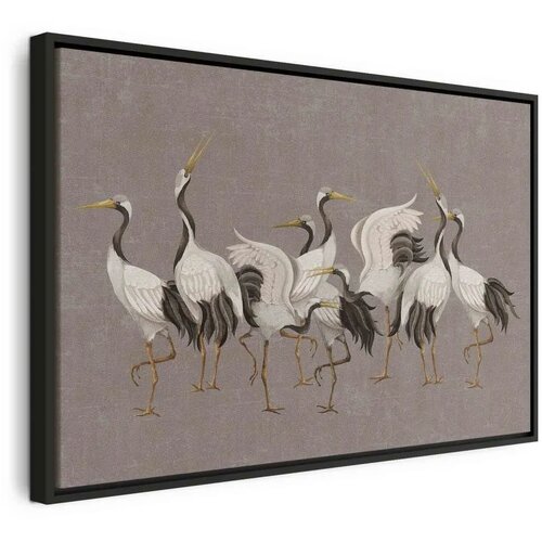  Slika - Crane dance &ndash; bright silhouettes of birds against a warm grey background with texture 120x80 U crnom drvenom okviru Cijene