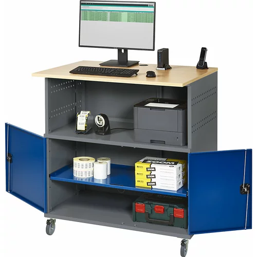 RAU Računalniška miza, s polico po celotni širini, s podvozjem, antracitna kovinska / encijan modra RAL 5010