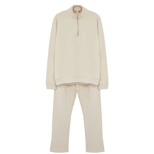 Trendyol Beige Oversize/Wide Cut High Collar Zippered Basic Tracksuit Set