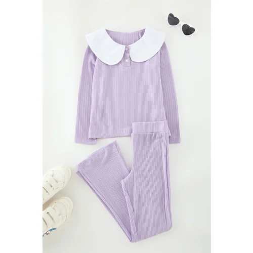 Trendyol Lilac Girl Printed Knitted Bottom-Top Set