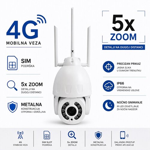 Generic 4G PTZ IP Kamera 8MP &ndash; 5x Zoom, SIM Kartica, IP67 Cene