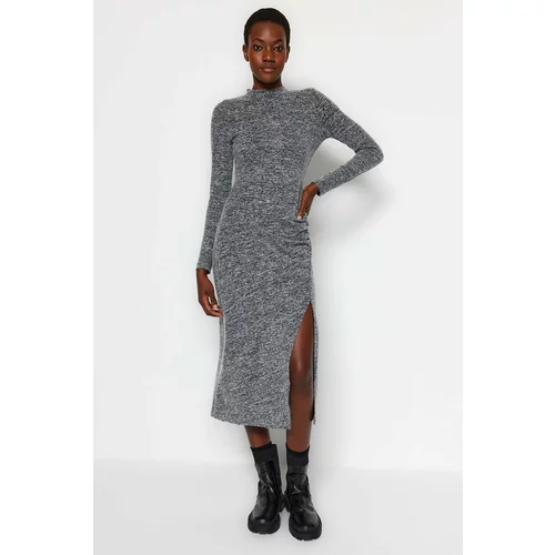 Trendyol Anthracite Crew Neck Soft Midi Slit and Collect Detail Fitted Knitted Dress