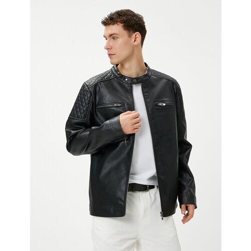 Koton Leather Look Jacket Round Neck Pocket Detailed Zipper Cene