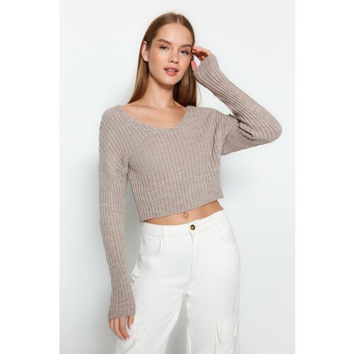 Trendyol Mink Crop Basic V-Neck Knitwear Sweater Slike