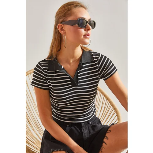 Bianco Lucci Women's Polo Neck Striped Blouse