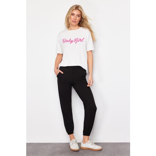 Trendyol black slogan printed basic jogger knitted top and bottom set Slike