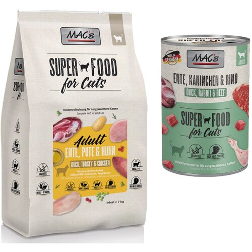  MAC&acute;s set: 12 x 400 g mokra hrana + 2 x 1,5 kg Superfood suha hrana - Pačetina, kunić, govedina 12 x 400 g + Adult patka, puretina i piletina 2 x 1,5 kg Cijene