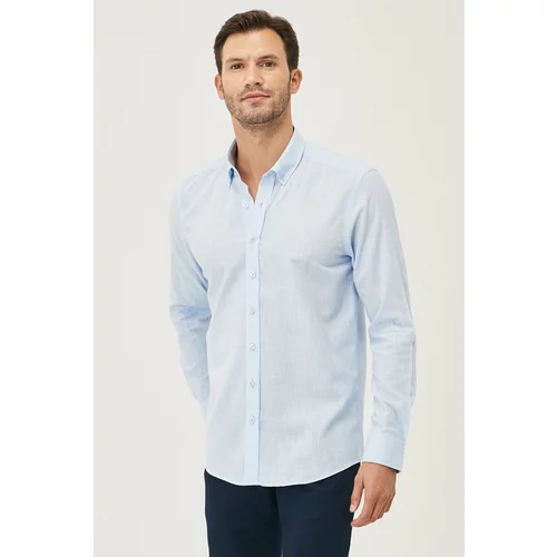 AC&Co / Altınyıldız Classics Men's Light Blue Tailored Slim Fit Oxford Button Collar Linen-Looking 100% Cotton Flared Shirt.