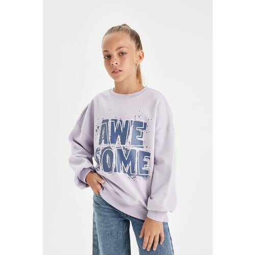 Defacto Girl Lilac Oversize Fit Wide Mold Crew Neck Slogan Printed Sweatshirt Cene