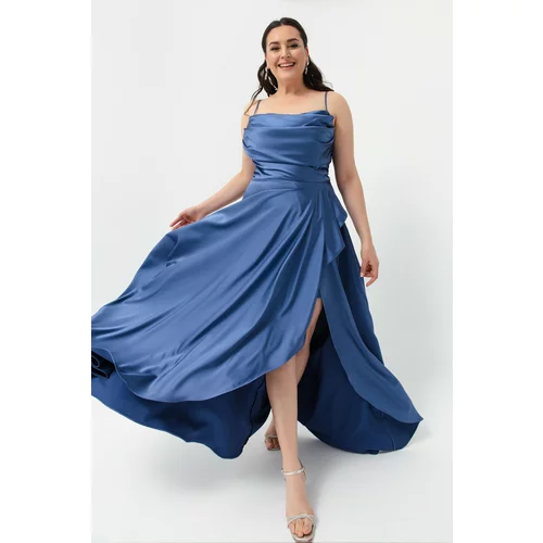 Lafaba Women's Indigo Plus Size Satin Evening Dress with a slit. Prom Prom Dress.