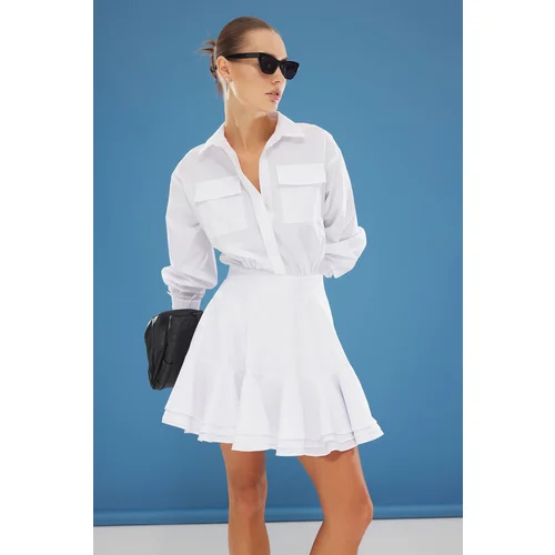 Trendyol White Mini Woven Dress with Flounce Detail and Opening Skirt at the Waist