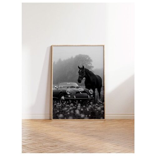 Wallxpert uramljena slika 115225, crni konj i klasični kabriolet u magli, crno-belo, 30 x 40 cm, ram u boji prirodnog drveta Slike