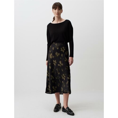 Jimmy Key Black High Waist Patterned Elegant Midi Satin Skirt Slike