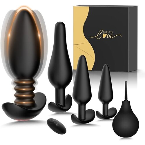 SuperLove Butt Plug Training Kit & Anal Vibrator with Remote Black Cene