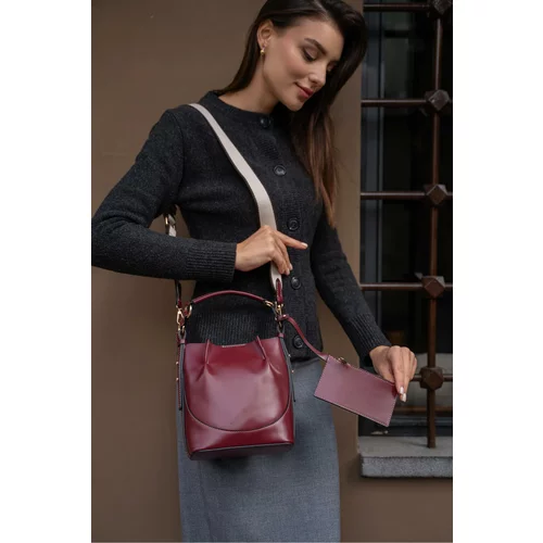 Madamra Burgundy Women's Top Stitched Wallet Bucket Bag