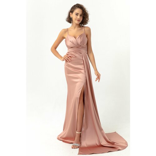 Lafaba Women's Powder Long Satin Evening Dress with Straps & Prom Dress Slike