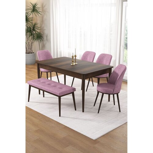 Hanah home trpezarijski set Pir, sto, 4 stolice i klupa, ploča u dekoru drveta Baroque, roze tkanina Babyface Cene