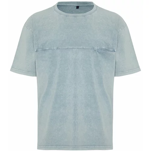Trendyol Pale Blue Men's Relaxed/Comfortable Fit Vintage/Faded Effect Slit Pocket 100% Cotton T-Shirt
