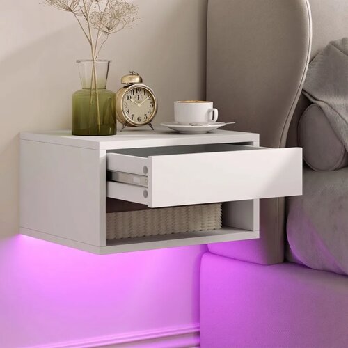  Set od 2 noćna ormarića s RGB LED rasvjetom plutajući noćni ormarić s ladicom i otvorenim pretincem bijela Slike