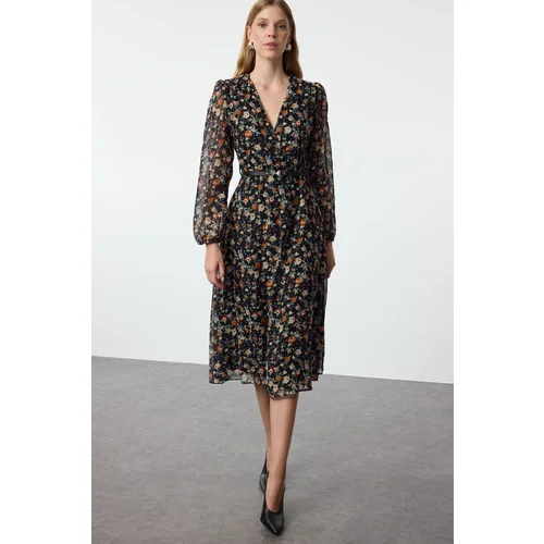 Trendyol Black Floral Belted A-Line Midi Double Breasted Collar Patterned Chiffon Woven Dress