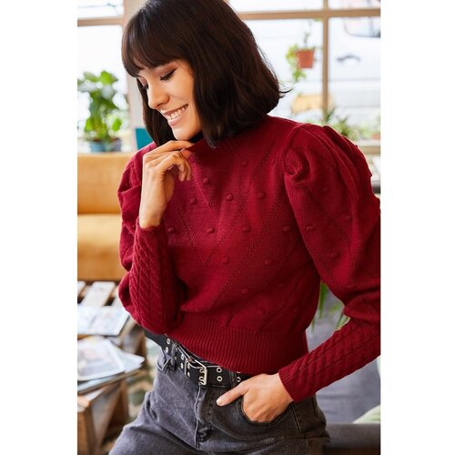 Olalook Women's Claret Red Tiny Pompom Sleeve Detailed Waist Top Knitwear Sweater Cene