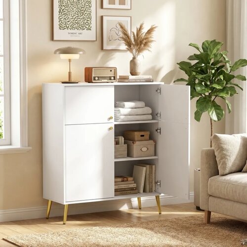  Moderni kredenc bife 105 4 cm s metalnim nogama za blagovaonicu i kuhinju krem ​​bijela Slike