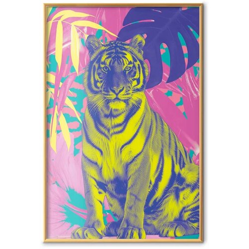  Plakat - Colorful Tiger - intense colors of a tiger surrounded by tropical plants 40x60 Zlatni okvir Slike