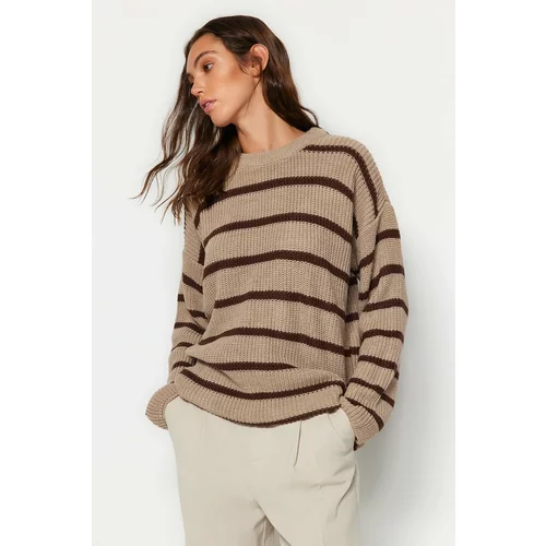 Trendyol Beige Wide Fit Striped Knitwear Sweater