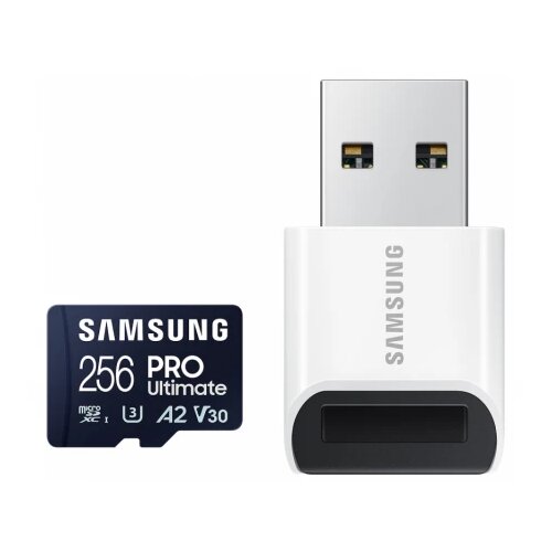 Samsung microsd 256GB, pro ultimate, sdxc, uhs-i U3 V30 A2, read up to 200MB/s, write up to 130 mb/s, for 4K and fullhd video recording, w/usb card reader Slike
