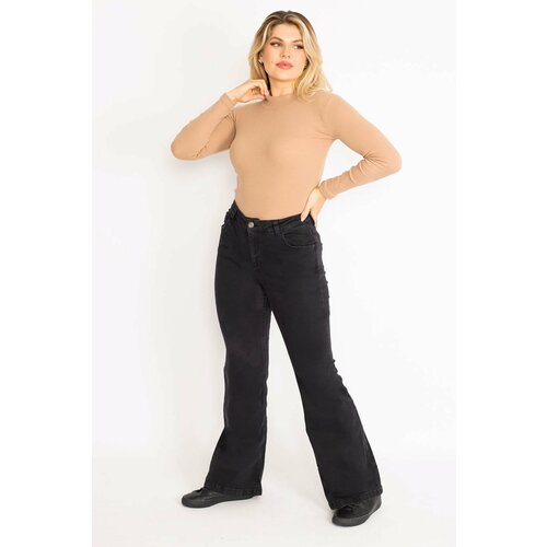Şans Women's Large Size Black Wide Leg Lycra 5 Pocket Jeans Cene