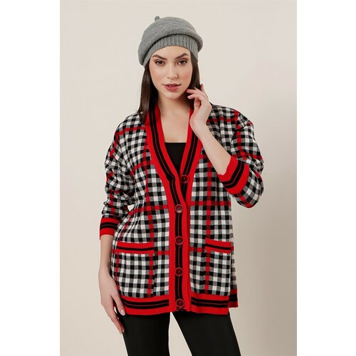 By Saygı Checked Patterned Acrylic Cardigan with Pockets Red Slike