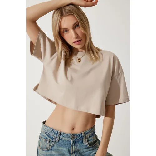  Women's Beige 100% Cotton Oversize Crop Knitted T-Shirt