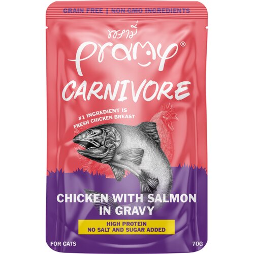 Pramy Cat Carnivore piletina s preljevom od lososa u umaku 70 g Slike