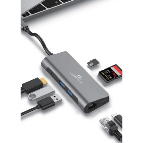Gembird Adapter USB-C 5-v-1 2xUSB, HDMI, LAN, PD, čitalec kartic, (20441805) Slike