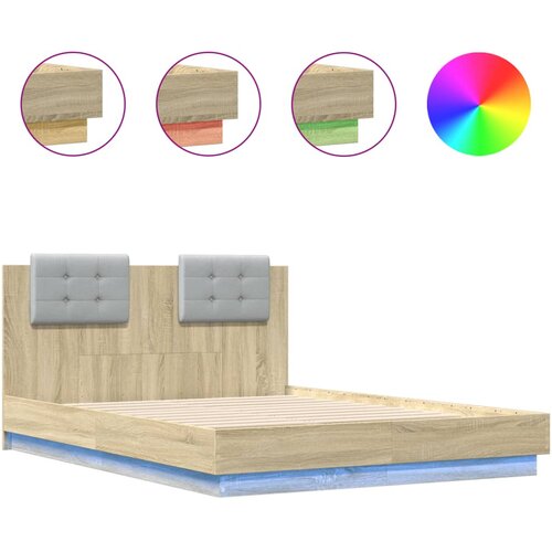 Maison Chic Posteljni okvir - Dvoposteljna postelja - Zakonska postelja z vzglavjem in LED sonoma hrast 140x190 cm, (21695119) Slike
