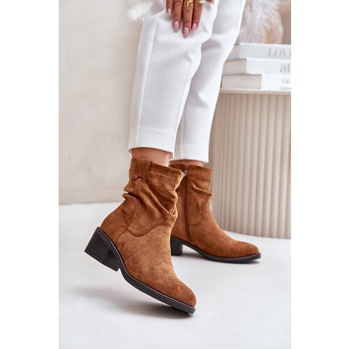 Kesi Insulated women&amp;#039;s ankle boots with a gathered upper on a low heel Camel Zinanya Slike