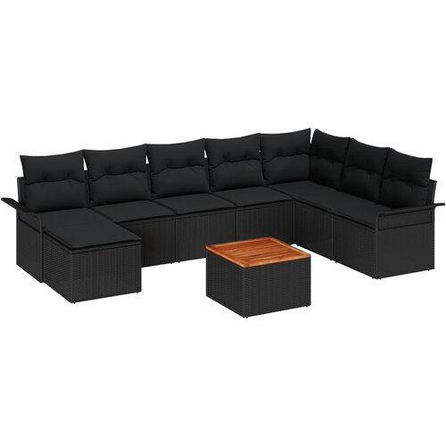 VidaXL 9-dijelni set vrtnih sofa s jastučićima crni poli ratan akacija, 2-sjedalna vrtna sofa s spremnikom i jastučićima crni poli ratan Slike