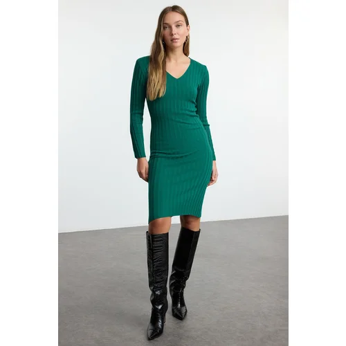 Trendyol Green Midi Knitwear Basic V Neck Dress