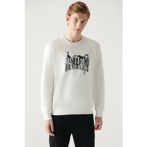 Avva Men's White Crew Neck 3 Thread Fleece Hologram Printed Standard Fit Regular Fit Sweatshirt Slike