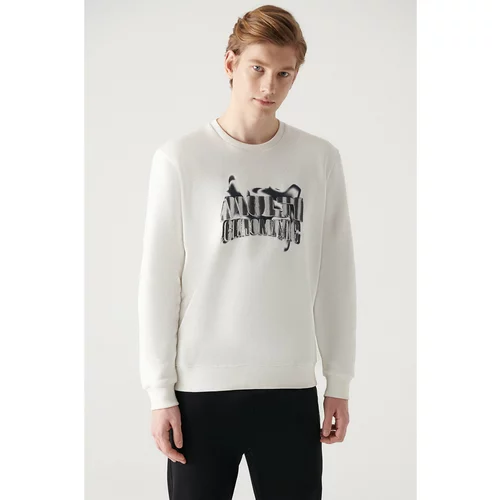 Avva Men's White Crew Neck 3 Thread Fleece Hologram Printed Standard Fit Regular Fit Sweatshirt