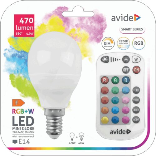 Avide Pametna sijalica, LED 4.9W, E14, RGB+W, 2700K, daljinski &amp;ndash; Smart LED Mini Globe 4.9W Slike