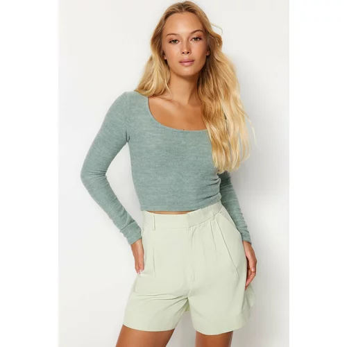 Trendyol Mint Square Collar Fitted/Simple Crop, Soft Knitted Blouse