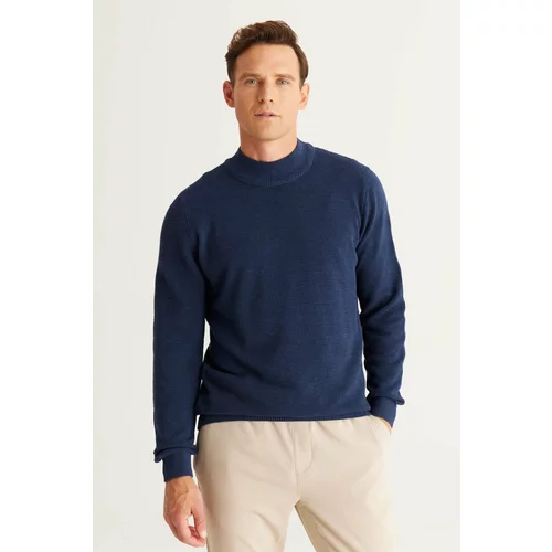 Altinyildiz classics Men's Indigo Recycle Standard Fit Regular Cut Half Turtleneck Cotton Jacquard Knitwear Sweater.