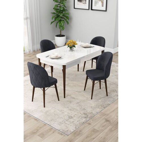 Hanah home trpezarijski set Rut, sto na razvlačenje i 4 stolice, bela ploča, noge boje oraha, antracit tkanina Babyface Cene