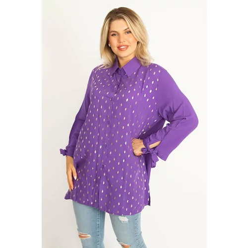 Şans Women's Lilac Front Buttoned Sleeves With Lace Up And Lacquer Print Detailed Woven Viscose Shirt