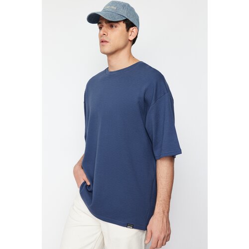 Trendyol Limited Edition Indigo Men's Oversize 100% Cotton Labeled Textured Basic Thick T-Shirt Slike