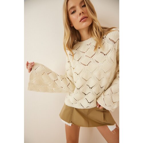  Women&amp;#039;s Cream Lozenge Patterned Openwork Knitwear Sweater Slike