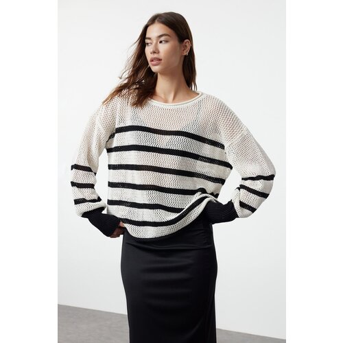 Trendyol ecru striped knitwear sweater Cene